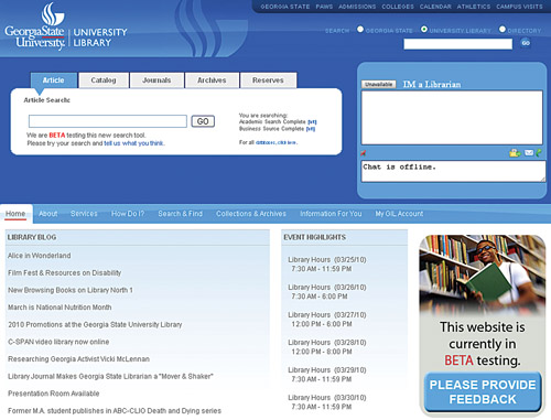 Georgia State University Library beta site screenshot