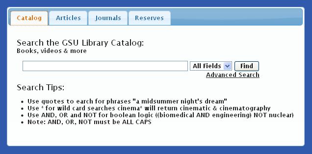 The megasearch on the main library home page allows you to search the library's catalog, articles databases, search for journals by title, or access electronic reserves.
