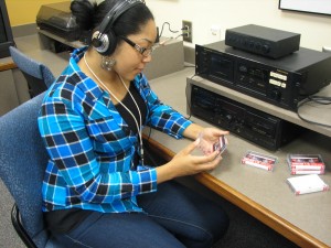 A patron listens to an oralhistory recording. 