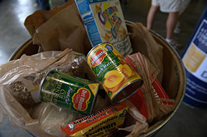 Collected items for a food drive.