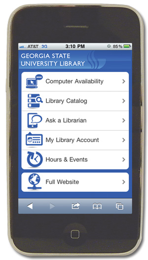 A smart phone showing the mobile version of Georgia State University Library's website.