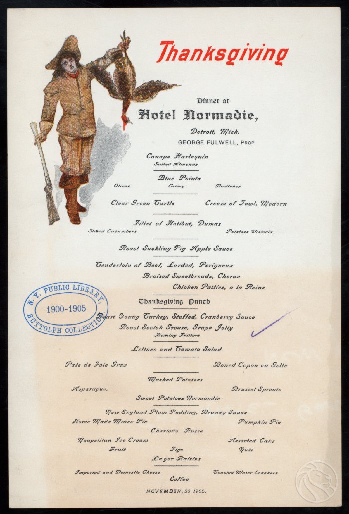 Thanksgiving at the Hotel Normandie, Detroit, Michigan. November 30, 1905