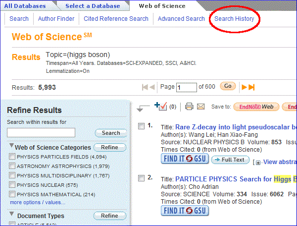 Screenshot of Web of Science search results. The link "Search History" is circled.