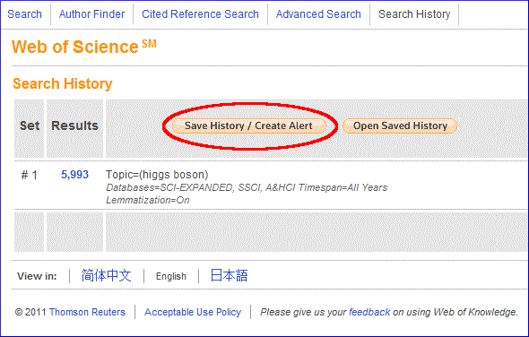 Screenshot of Web of Science search history page. The link "Save History/Create Alert" is circled.