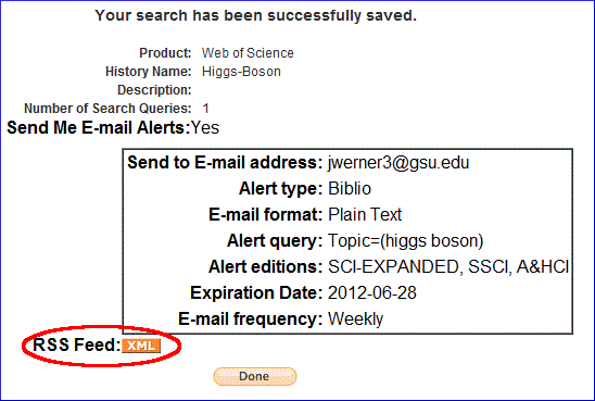 Screenshot of a Web of Science page saying "Your search has been successfully saved." The RSS Feed link and logo have been circled.