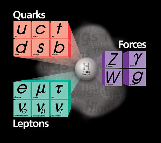 Illustration of the Standard Model of physics, featuring groupings of sub-atomic particles and forces all connected to the Higgs boson in the center.