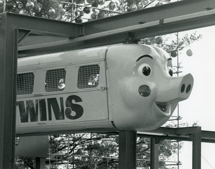 Percival the Pink Pig glides past The Great Tree in 1980. Copyright: Atlanta Journal-Constitution.