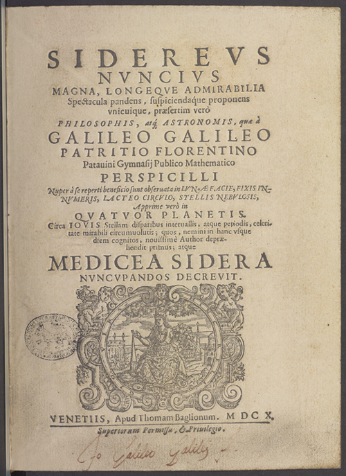 Title page of the Martayan Lan copy of Galileo's Sidereus Nuncius