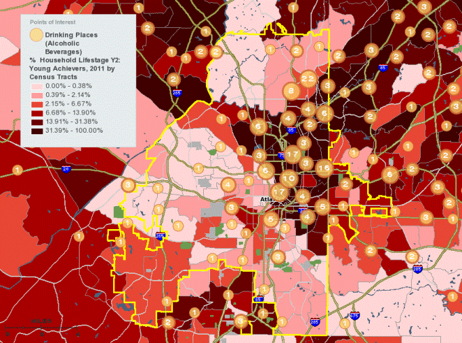 Percentage of “Young Achievers” in 2011 by Census Tract and Drinking Places (Bars) in Atlanta
