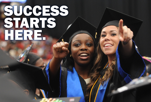Students graduating from Georgia State University with the slogan "Success Starts Here."