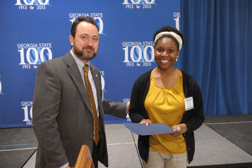 Undergraduate Research Award winner Alexandria Okeke with Associate Dean for Public Services, Bryan Sinclair