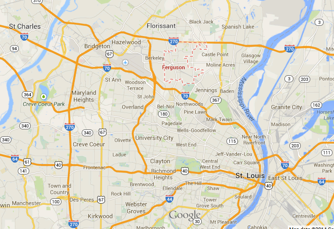 map of Ferguson, Missouri in relation to St. Louis City