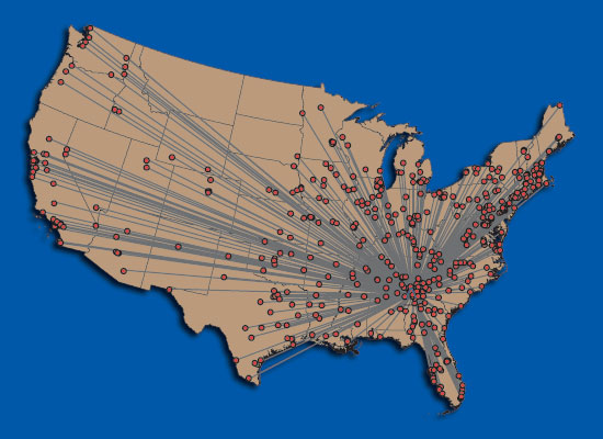 Map of Interlibrary Loan transactions for Georgia State University Library