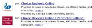 Showing the difference between links for GSU's Choice Reviews Online and PC's Choice Reviews Online (Permiter College) links