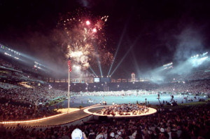 Closing ceremony at Centennial Olympic Stadium (Atlanta-Fulton County Stadium is visible beyond the scoreboard), August 4, 1996 {AJCNS1996-08-04g]