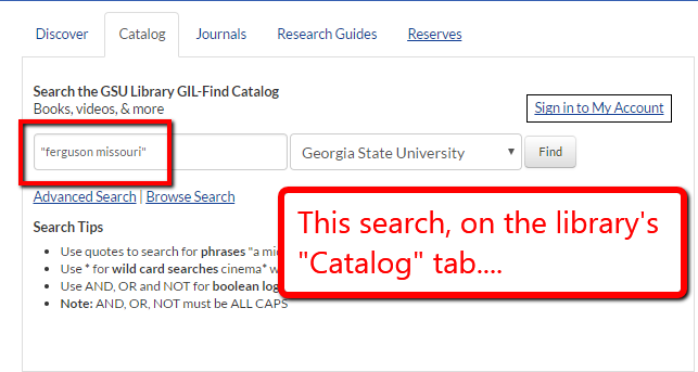 search example using "Ferguson Missouri" in Catalog simple search box