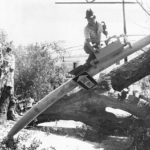 Workers fix a broken traffic light in Savannah, GA after Hurricane David in 1979.