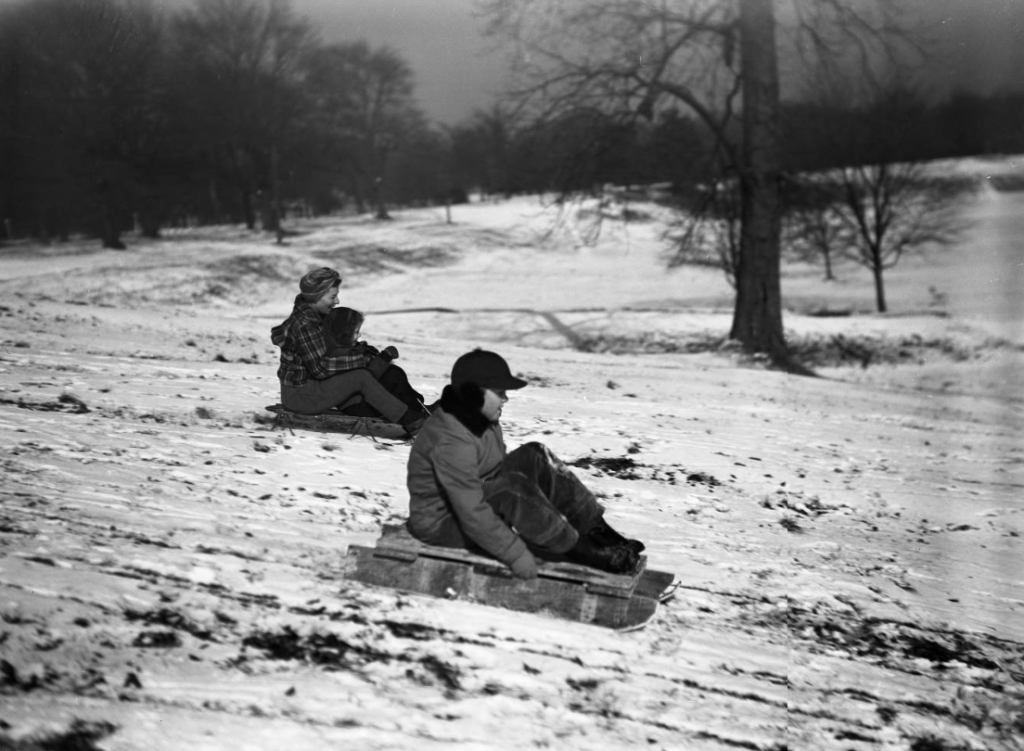 Sledders in Piedmont Park, 1940