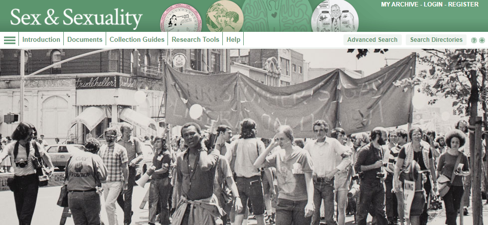 Photograph from landing page of Sex and Sexuality showing crowd of people with banner.