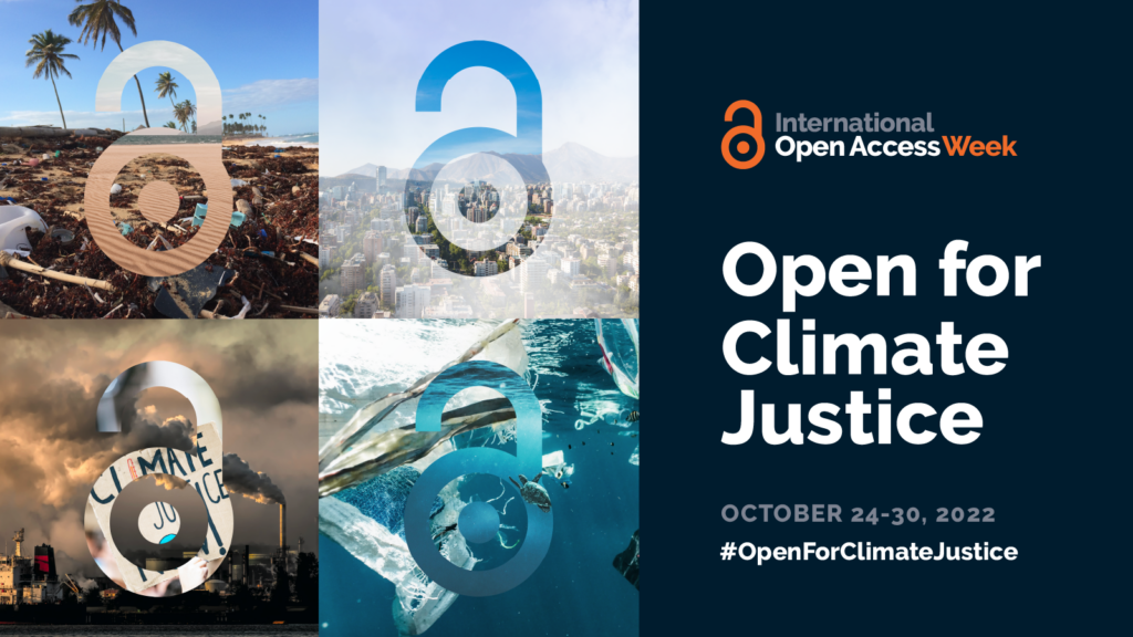 Open Access "Unlocked" icon, superimposed over four scenes of climate disaster