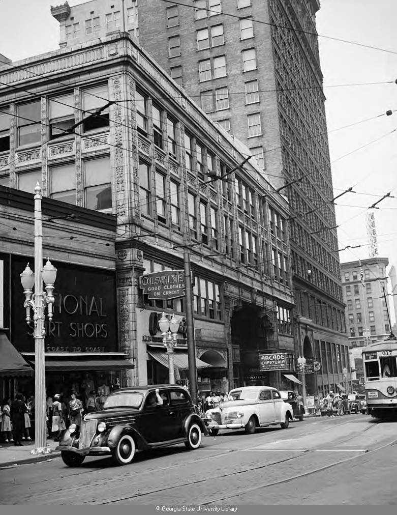 Historic photo of the Peachtree Arcade building near Five Points in downtown Atlanta