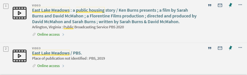 Image of search results showing two results for the film East Lake Meadows
