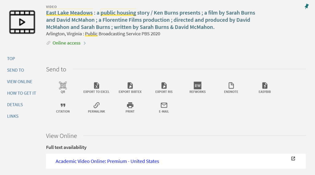Catalog record for East Lake Meadows showing View Online section reading Academic Video Online: Premium - United States