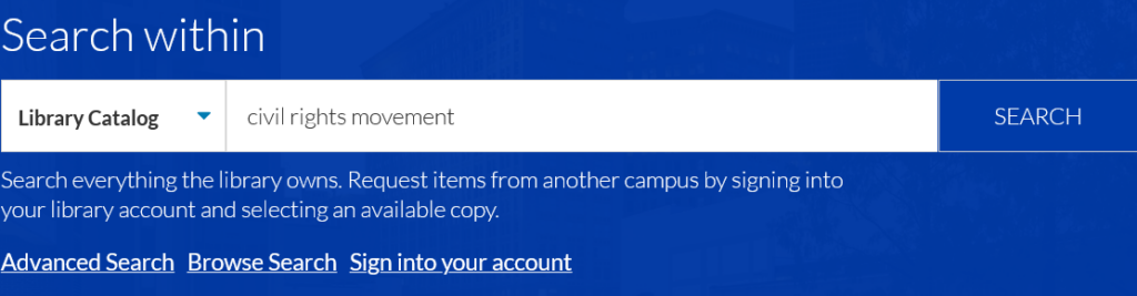 Image of Library catalog search for civil rights movement