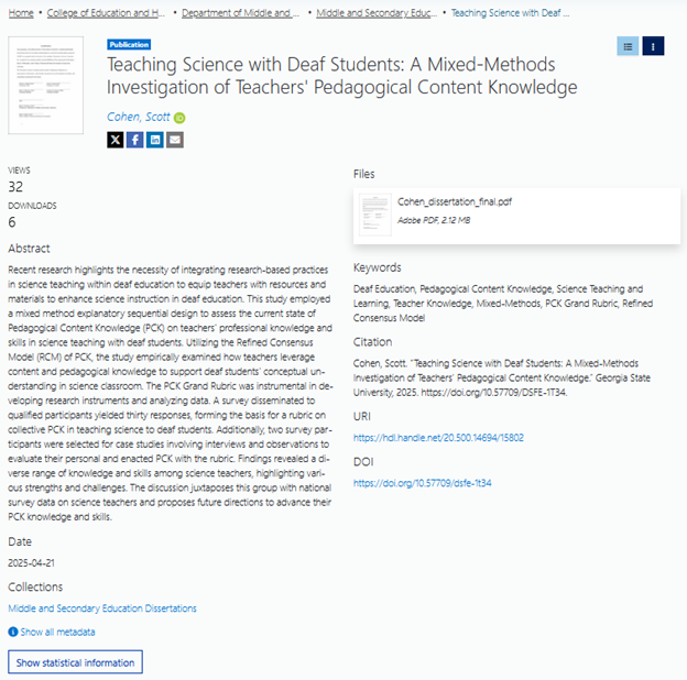 Image showing record with title, author, abstract, file download link, keywords, citation, URI with Handle, DOI link, Date, Collection name, statistics, and social media links.